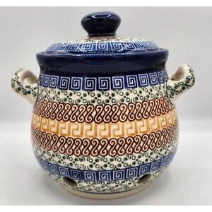 Polish Pottery Handled Garlic Onion Jar Boleslawiec 7" Excellent Condition